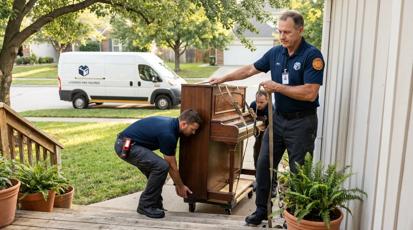 Licensed piano movers securing grand piano in Huntsville, TN