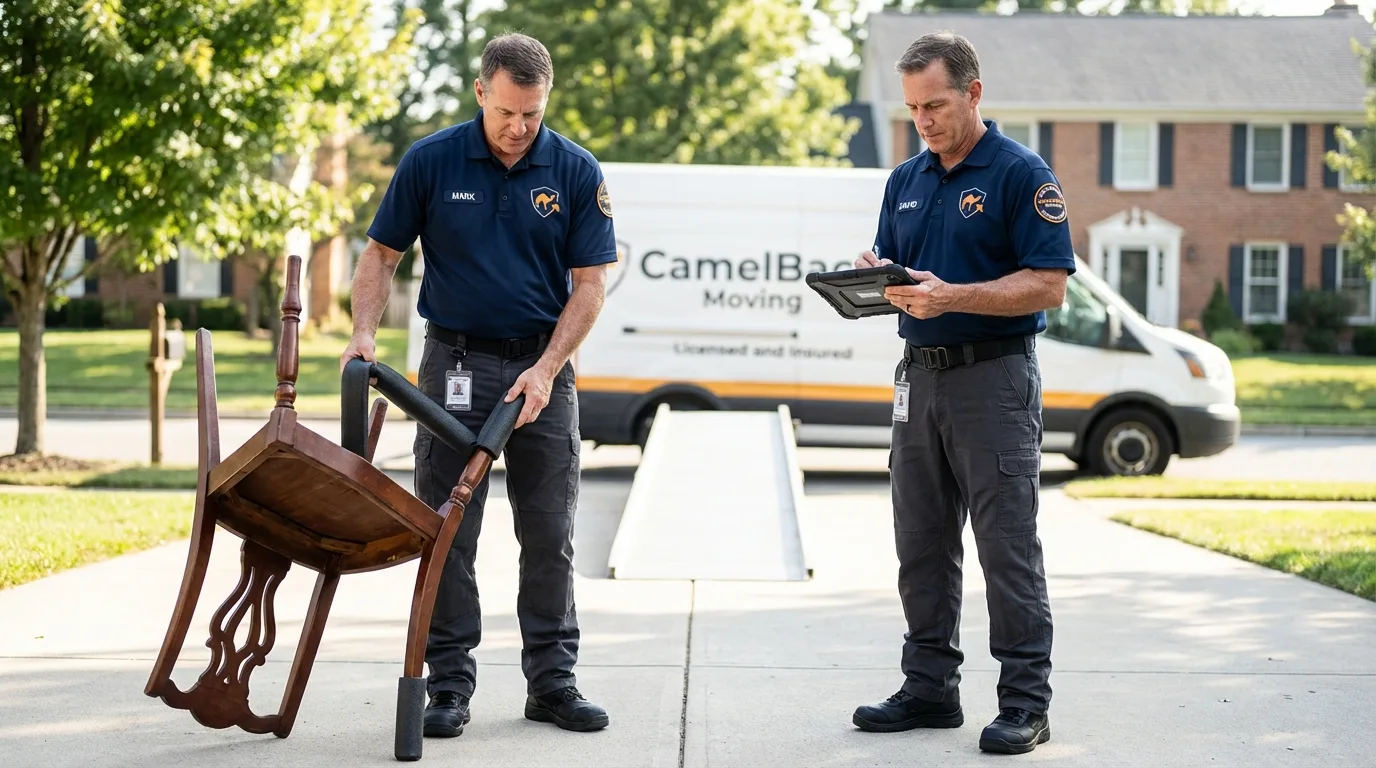 Movers inspecting furniture for damage prevention before loading in Huntsville, TN