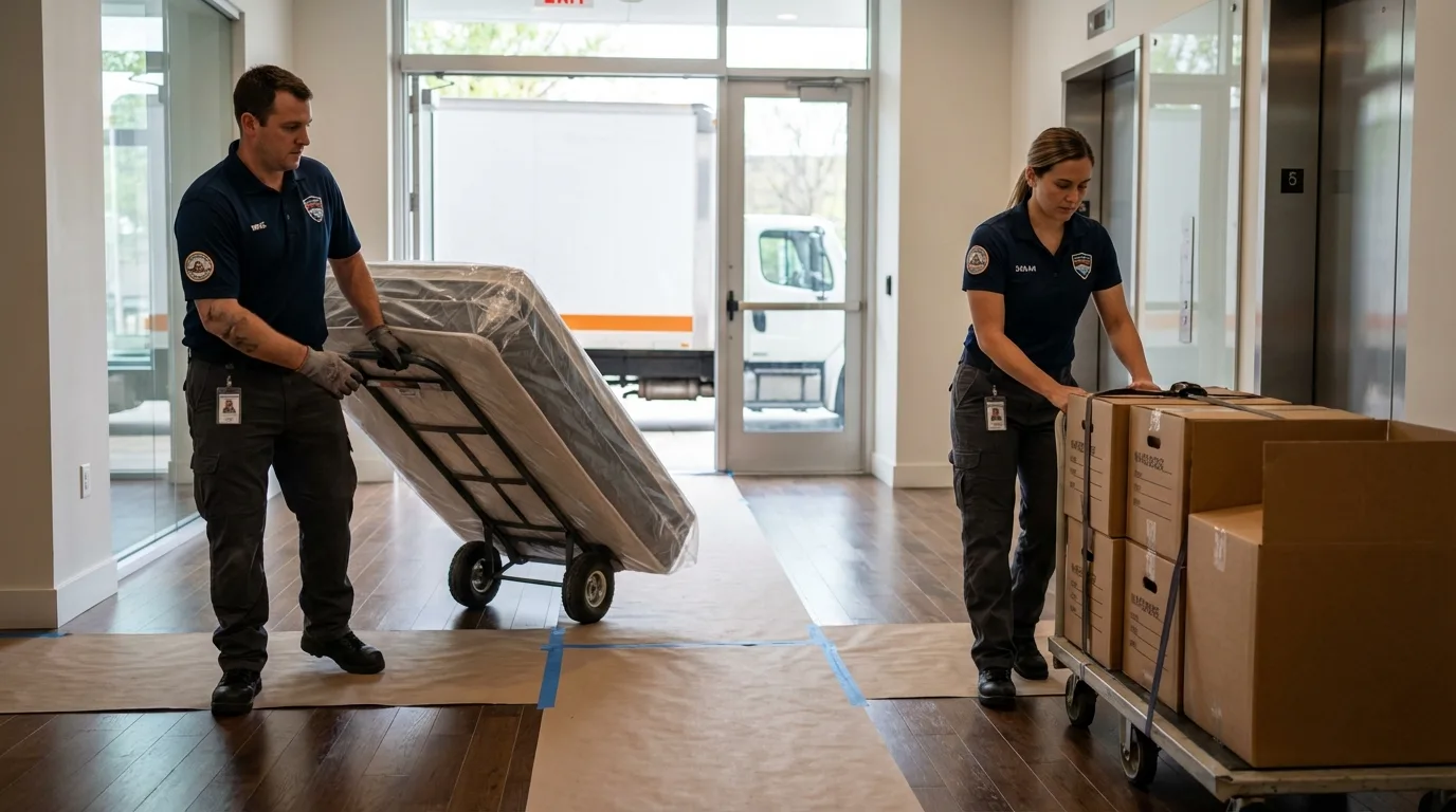 Professional apartment movers loading elevator in Huntsville, TN
