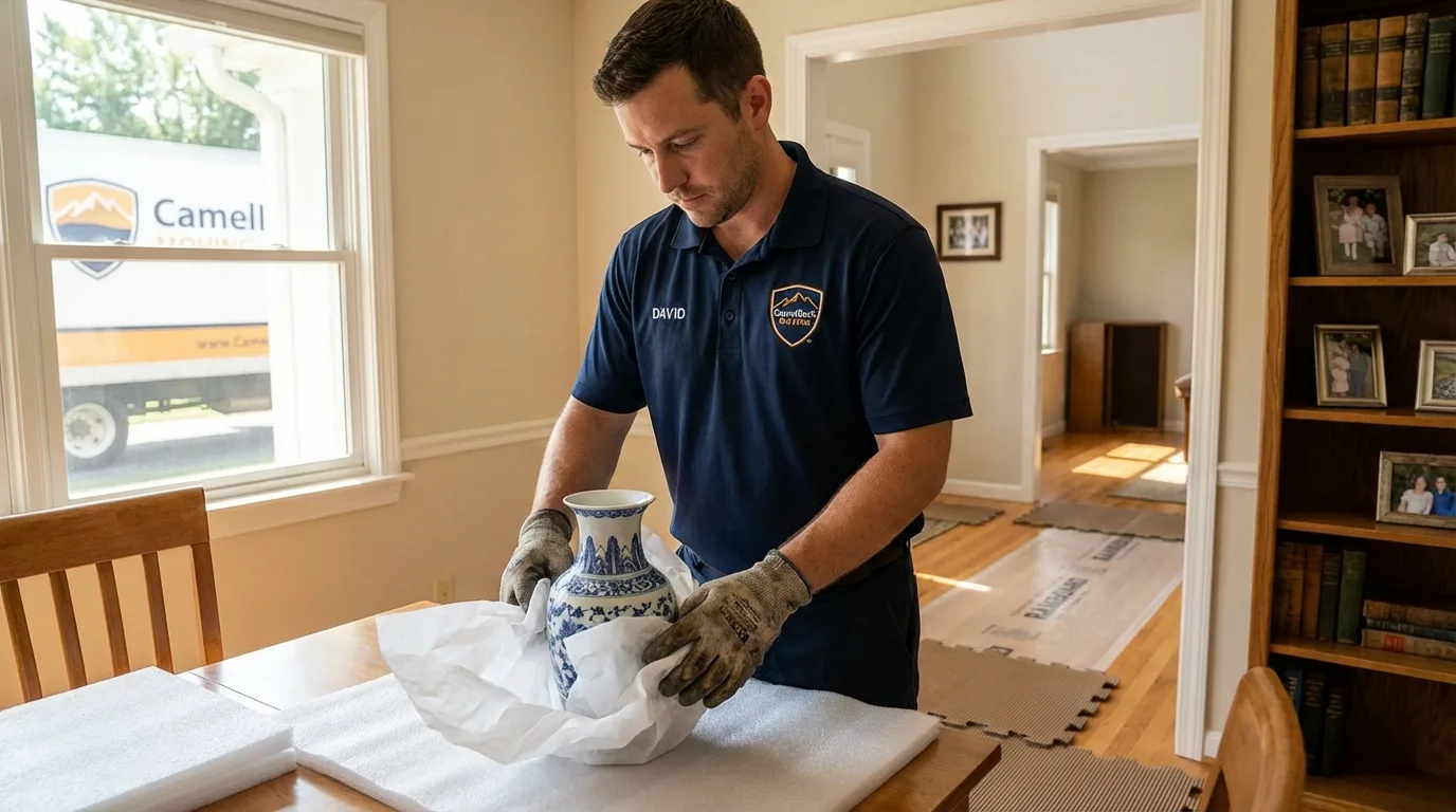 Professional crew carefully wrapping antique vase for senior downsizing move in Huntsville, TN